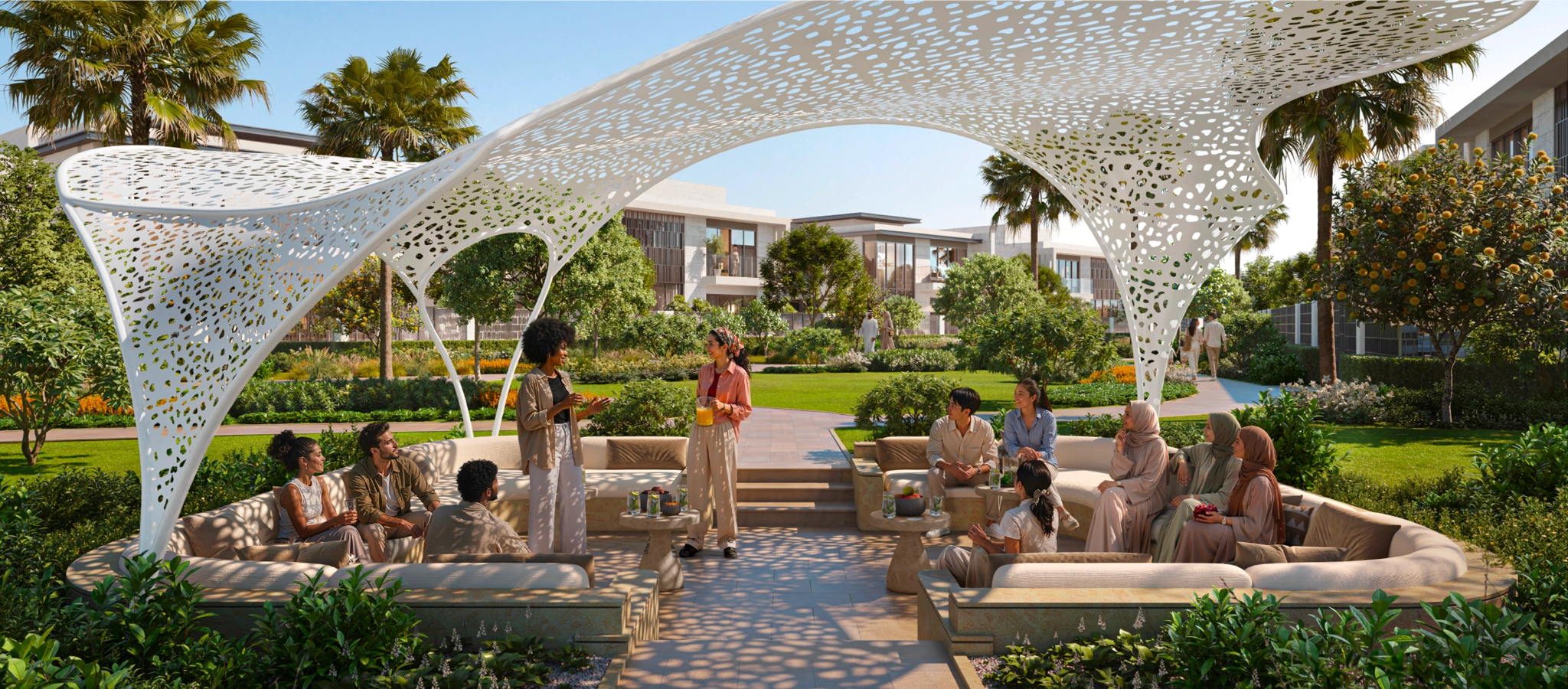Outdoor majlis pavilion and community gathering space at Talay